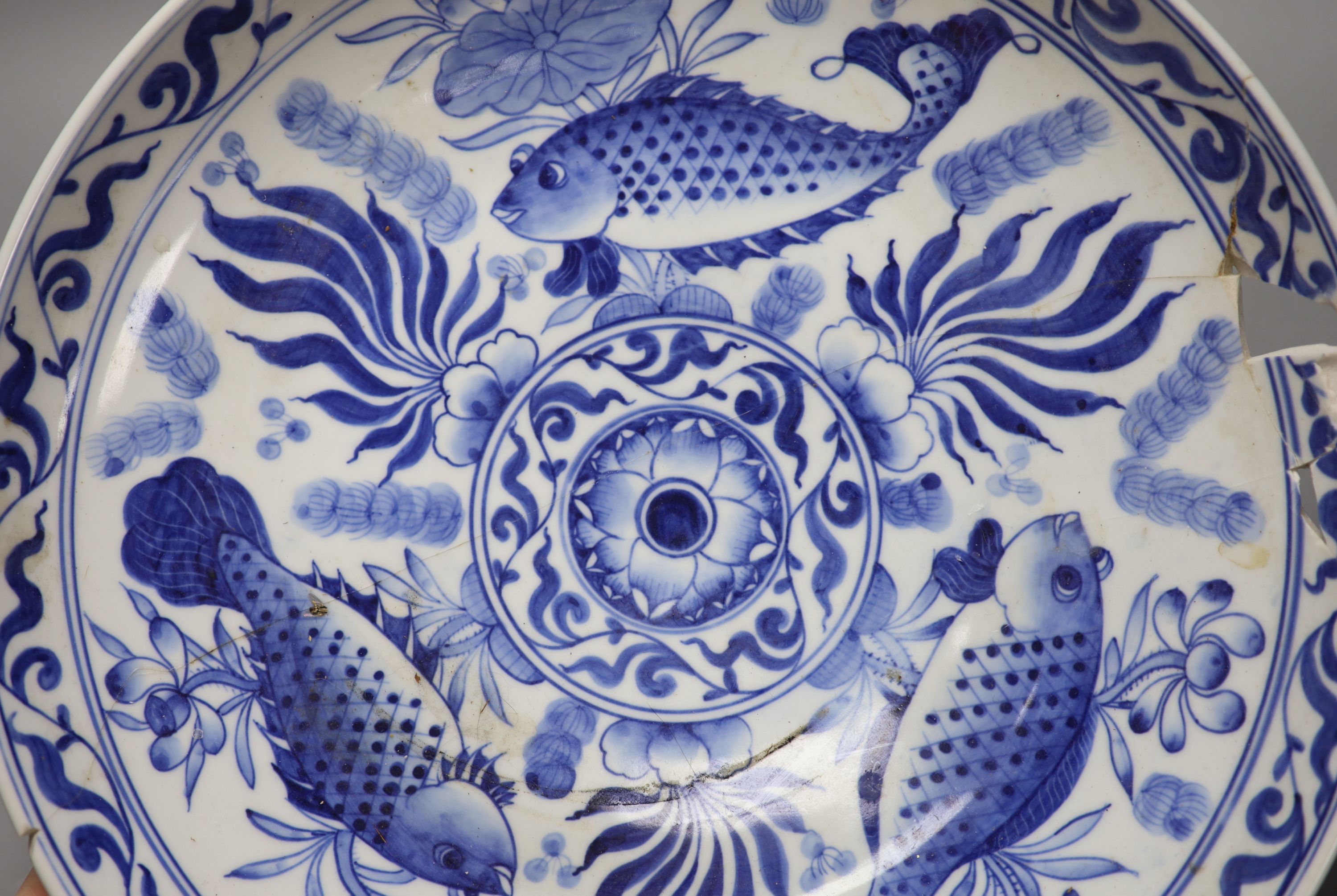 A Chinese blue and white fish dish, diameter 36cm (a.f.)